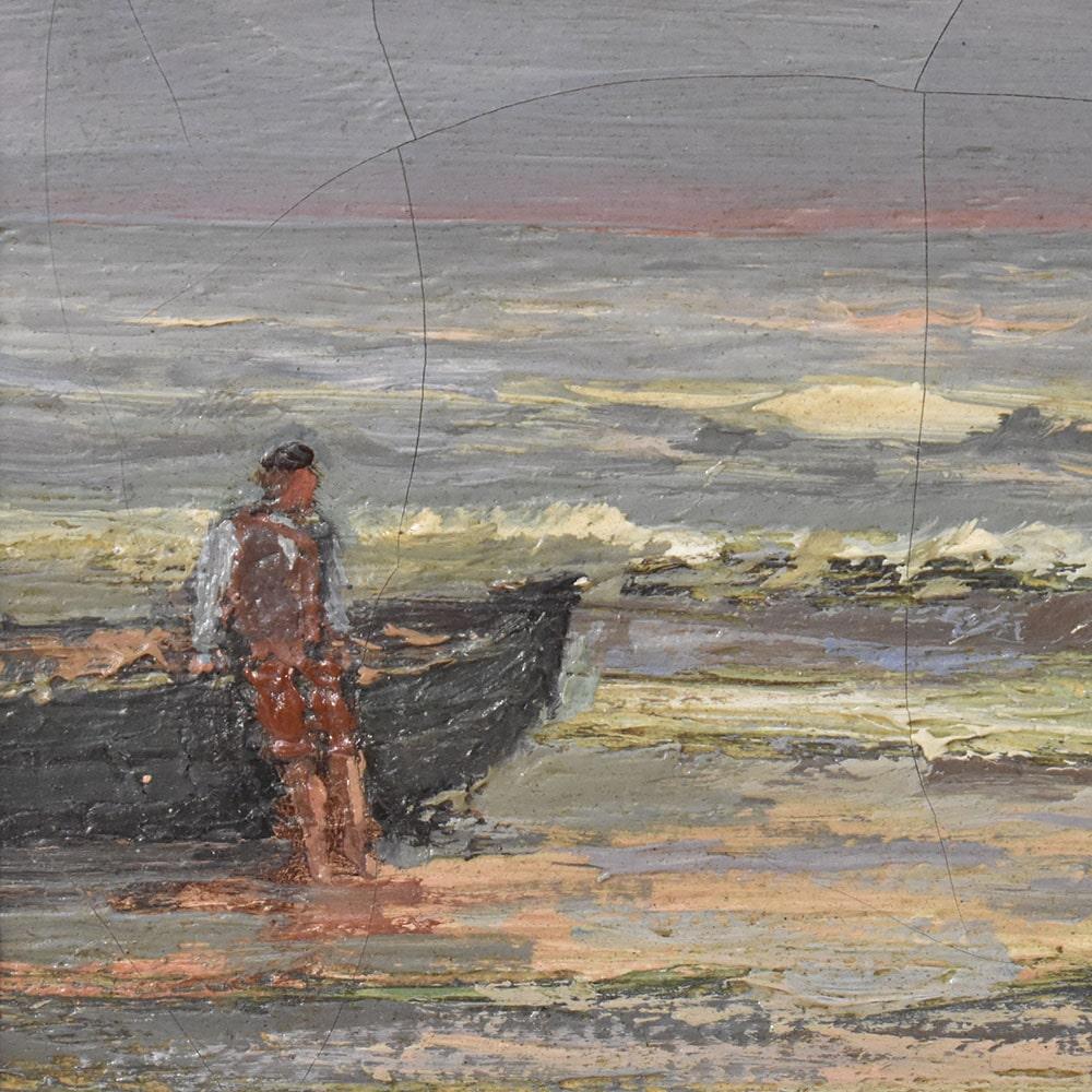 Oiled Antique Paintings With Marine, Sea and Boat, Small Oil on Canvas, Late 19th Century For Sale