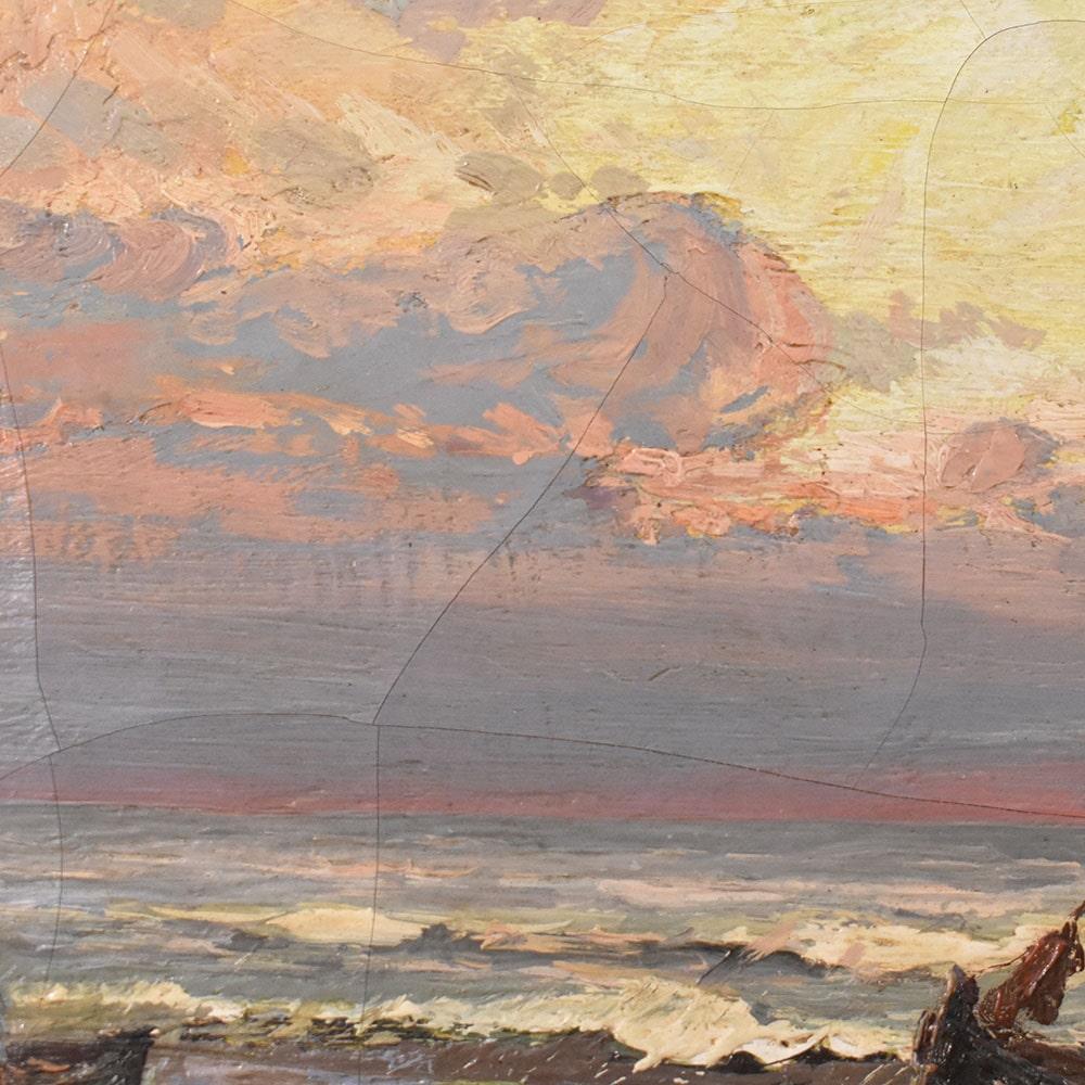 Antique Paintings With Marine, Sea and Boat, Small Oil on Canvas, Late 19th Century For Sale 1