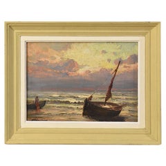 Altmeisterliche Gemälde mit Marine, Meer und Boot, kleines Öl auf Leinwand, Ende 19