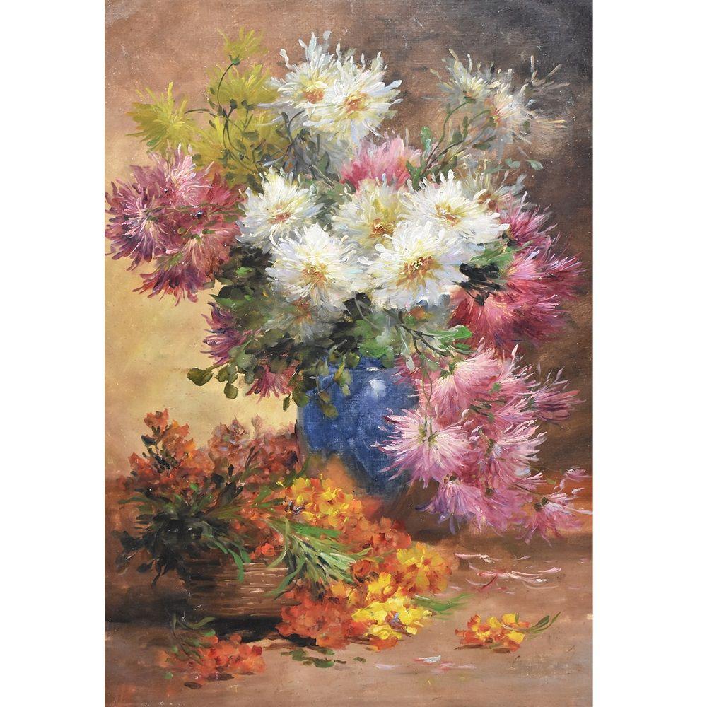 The Antique Paintings category offers a Large Bouquet of Flowers Dahlias and Roses Gathered in a Beautiful Blue Ceramic Vase, an Oil Painting on Canvas Of the Nineteenth Century.

This is a 19th-century first cloth painting of flowers. The canvas