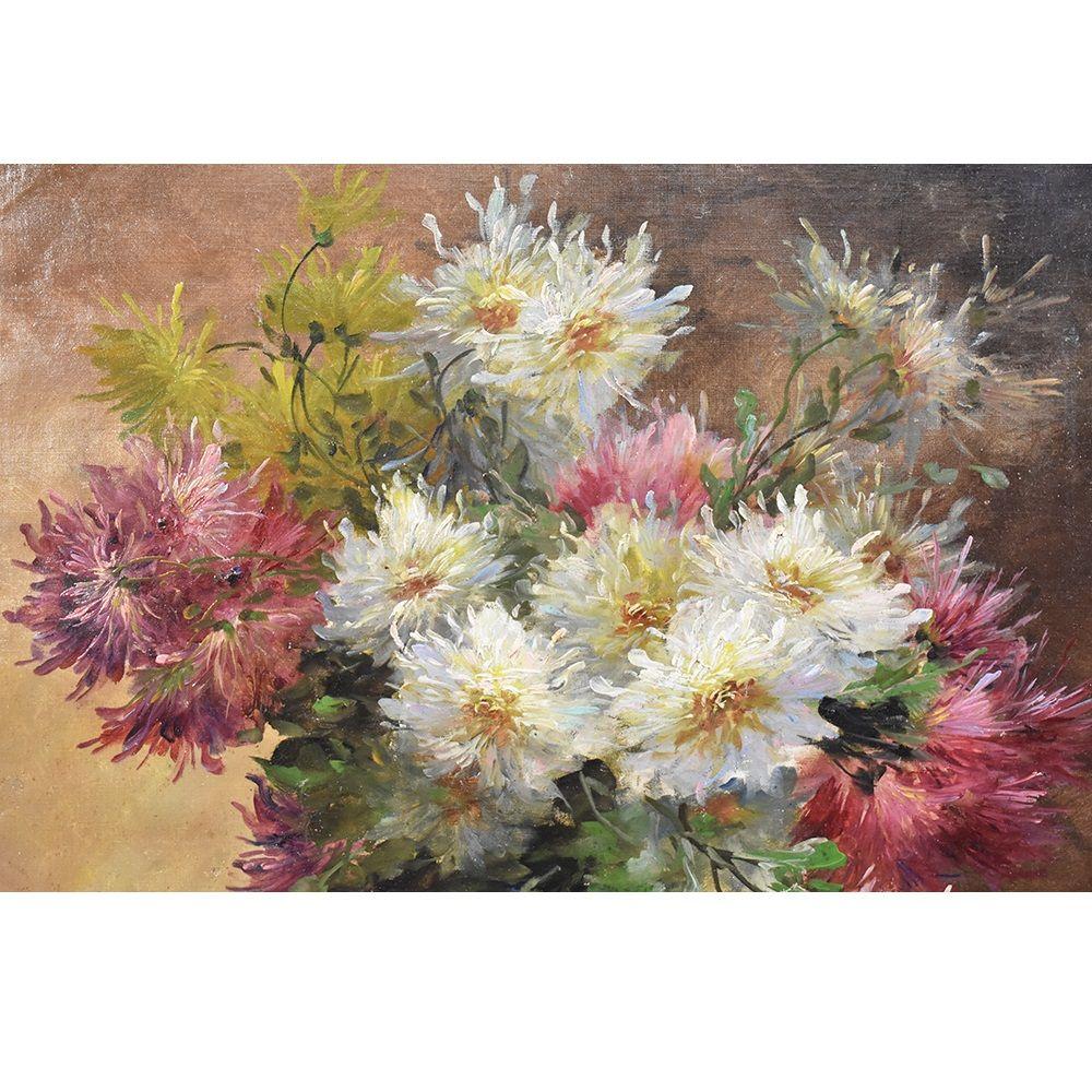 Louis Philippe Old Master Paintings, Large Bouquet Of Flowers Dahlias And Roses, Oil On Canvas, 19th Century. For Sale
