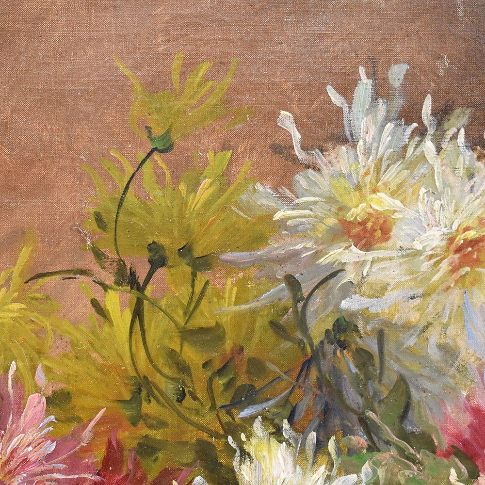 Old Master Paintings, Large Bouquet Of Flowers Dahlias And Roses, Oil On Canvas, 19th Century. For Sale 1