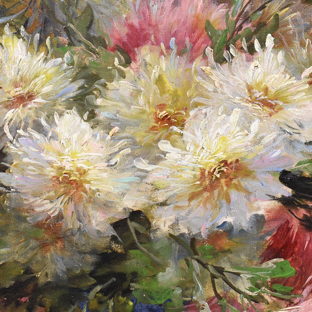 Old Master Paintings, Large Bouquet Of Flowers Dahlias And Roses, Oil On Canvas, 19th Century. For Sale 2