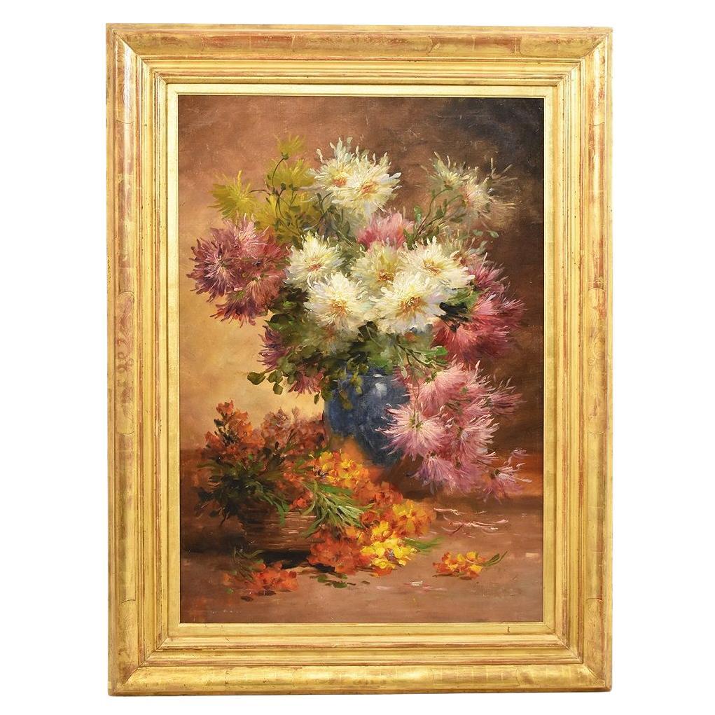 Pinturas de Maestros Antiguos, Gran Manojo de Flores Dalias Y Rosas, Óleo Sobre Lienzo, Siglo XIX.