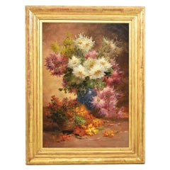 Pinturas de Maestros Antiguos, Gran Manojo de Flores Dalias Y Rosas, Óleo Sobre Lienzo, Siglo XIX.