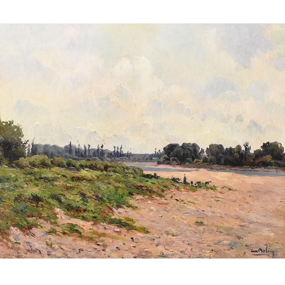 The category Antique Paintings, French Landscape, features an Oil Painting on Canvas from the Early Twentieth Century period,
depicting a glimpse of a river with characters. Early 20th century era.

These are landscape paintings depicting a bend in