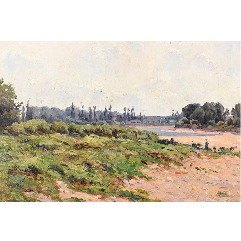 French  Antique Paintings Landscapes with River, Oil on Canvas Painting, Early Twentieth Century. For Sale