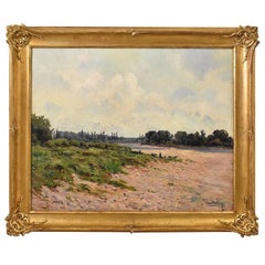 Antique Paintings Landscapes with River, Oil on Canvas Painting, Early Twentieth Century.