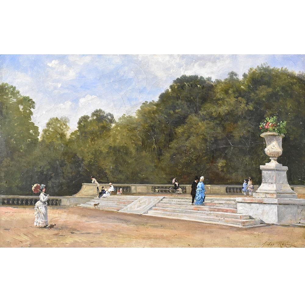 La categoria Quadri Antichi, Paesaggio Con Parco, propone una Pittura Ad Olio Su Tela di epoca Ottocento, che rappresenta

un Parco con una bella scalinata e molti personaggi ottocenteschi che passeggiano con i loro cani.  

L'opera è firmata in