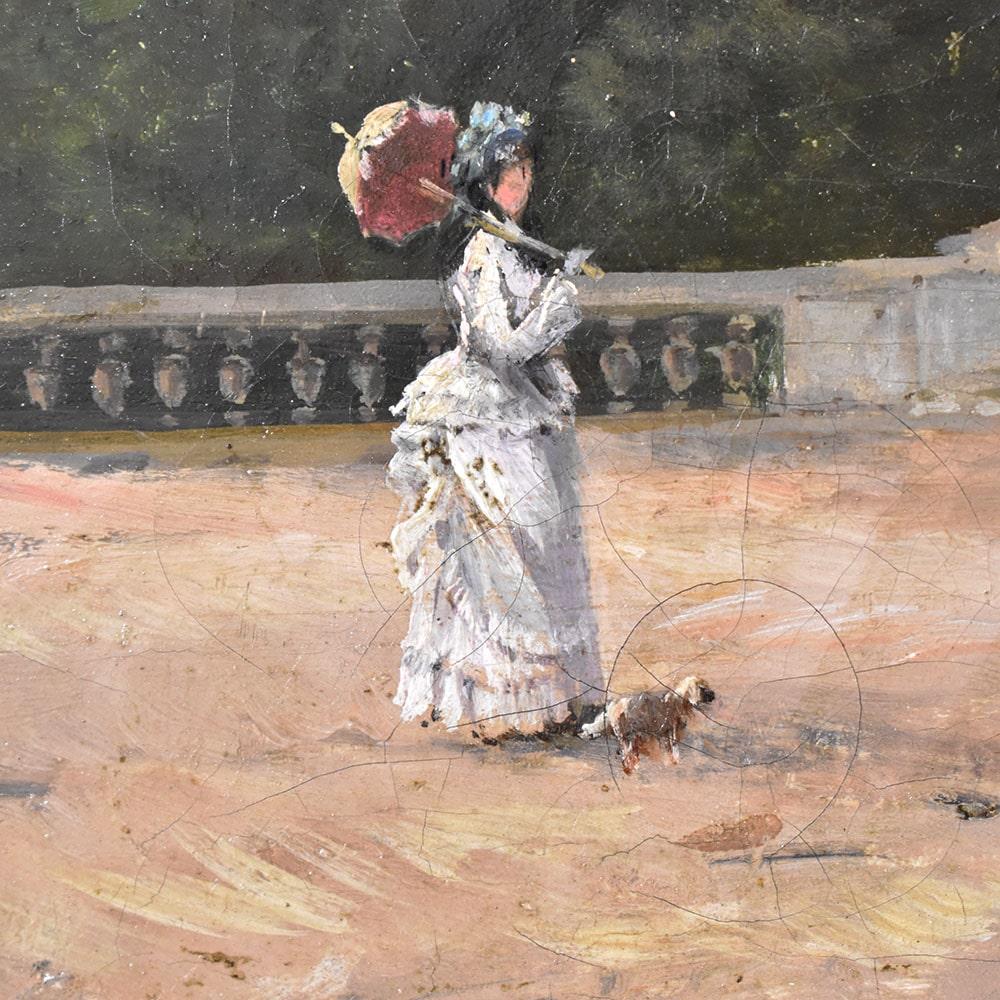 Luigi Filippo Dipinti Antichi Paesaggi, Parco con Scalinata, Olio Su Tela, Epoca Ottocento.