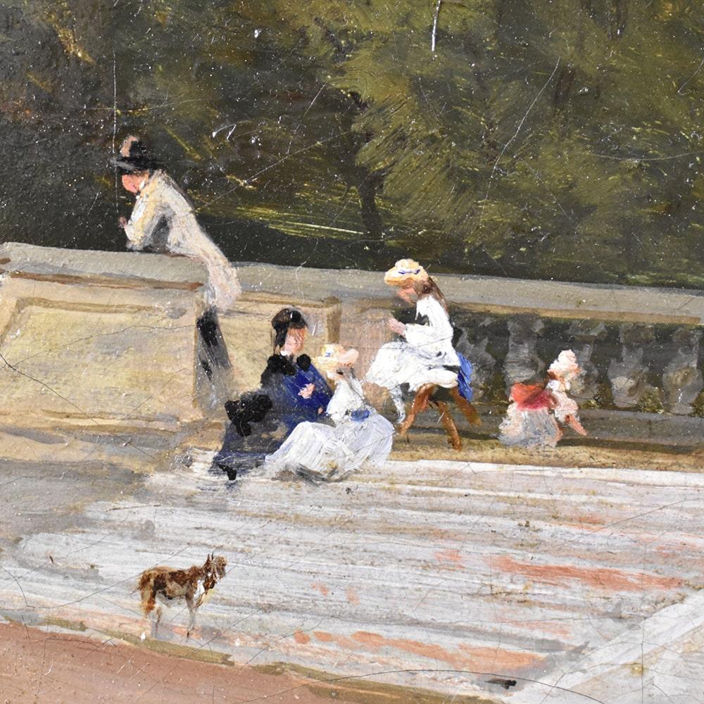 Francese Dipinti Antichi Paesaggi, Parco con Scalinata, Olio Su Tela, Epoca Ottocento.