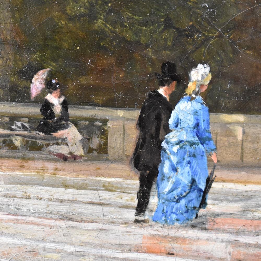 A olio Dipinti Antichi Paesaggi, Parco con Scalinata, Olio Su Tela, Epoca Ottocento.