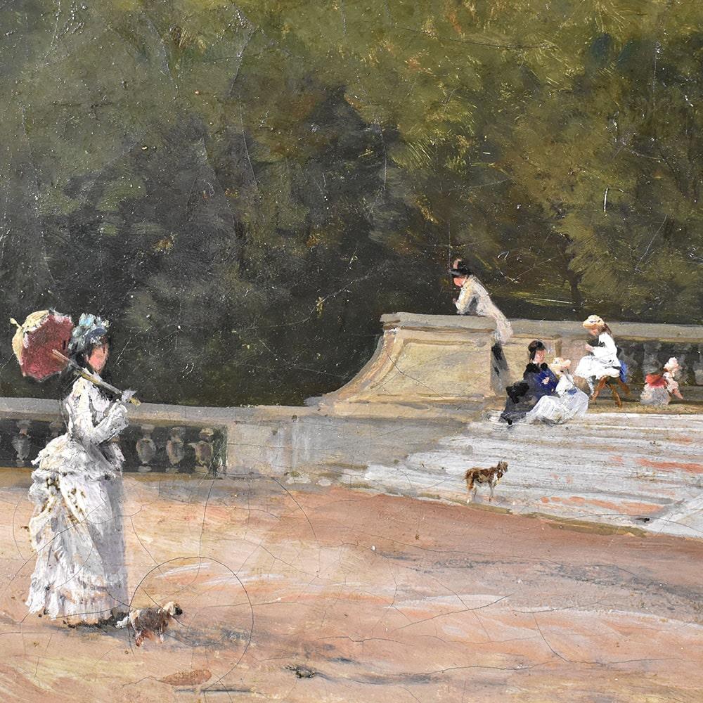 XIX secolo Dipinti Antichi Paesaggi, Parco con Scalinata, Olio Su Tela, Epoca Ottocento.