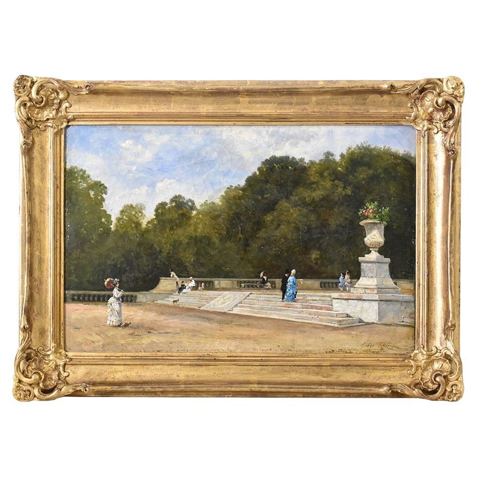 Dipinti Antichi Paesaggi, Parco con Scalinata, Olio Su Tela, Epoca Ottocento.