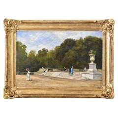 Tableaux de paysages anciens, Parc avec escaliers, Huile sur toile, 19e siècle.