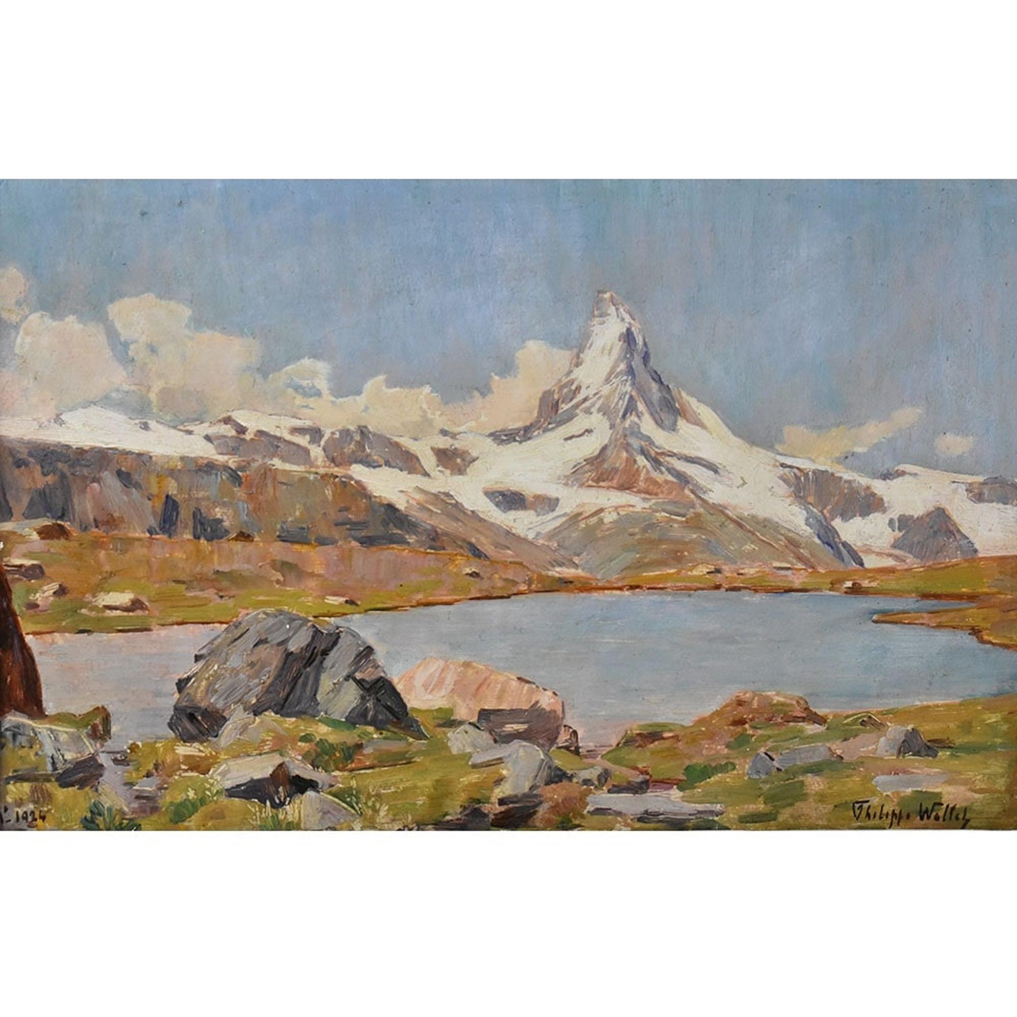 Art Deco Old Master Paintings, Mountain Landscape with Snow, Matterhorn Mountain, Oil On Cardboard, XX For Sale