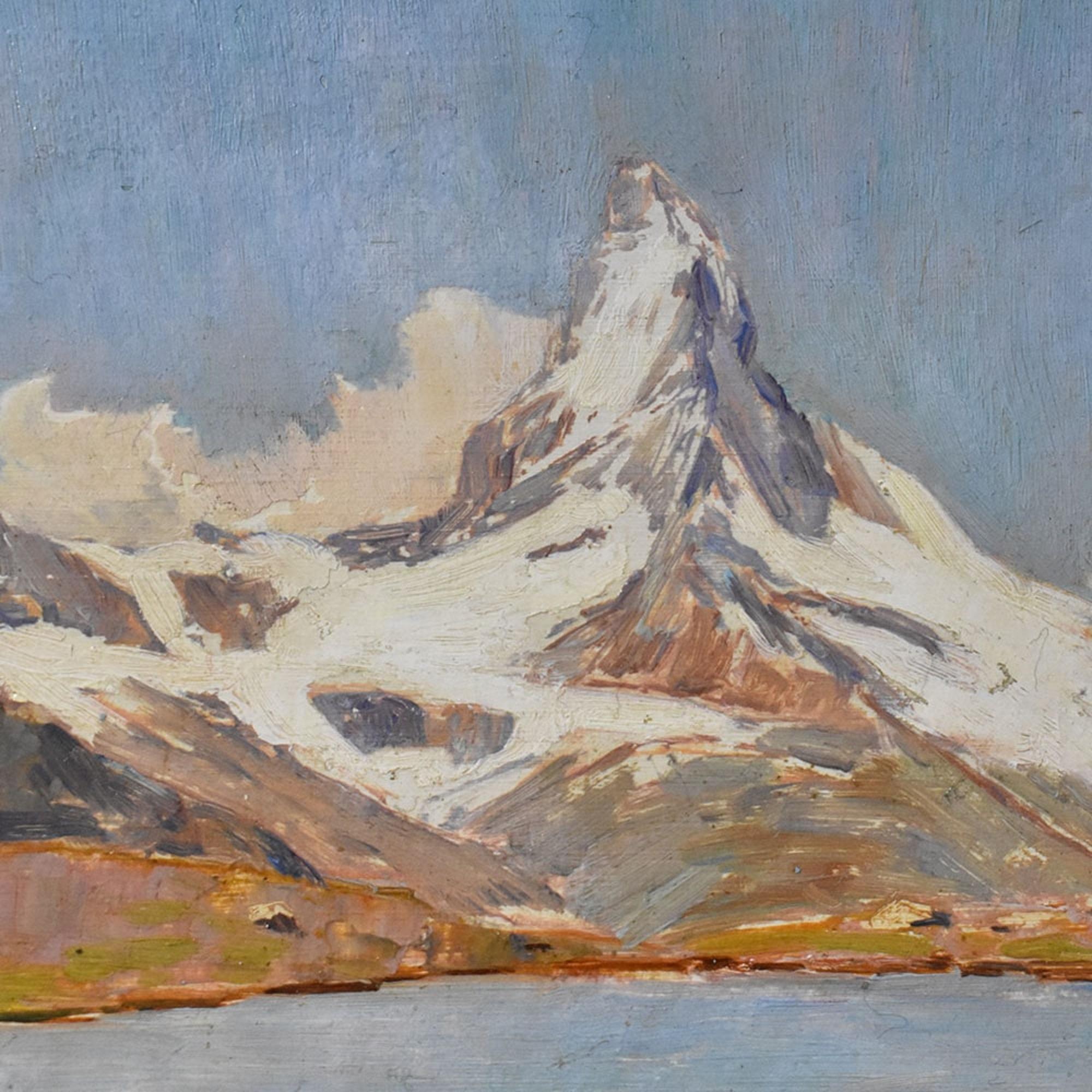 Oiled Old Master Paintings, Mountain Landscape with Snow, Matterhorn Mountain, Oil On Cardboard, XX For Sale