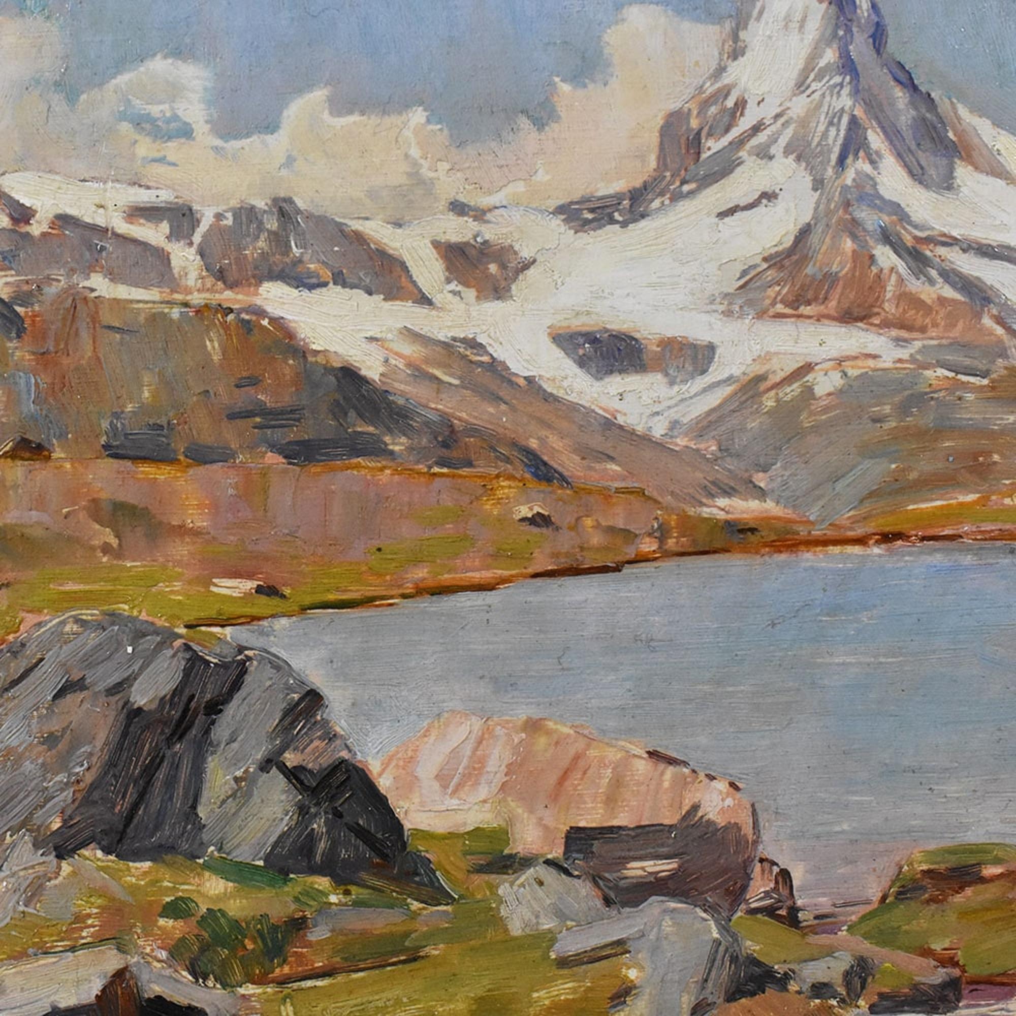 Old Master Paintings, Mountain Landscape with Snow, Matterhorn Mountain, Oil On Cardboard, XX In Good Condition For Sale In Breganze, VI