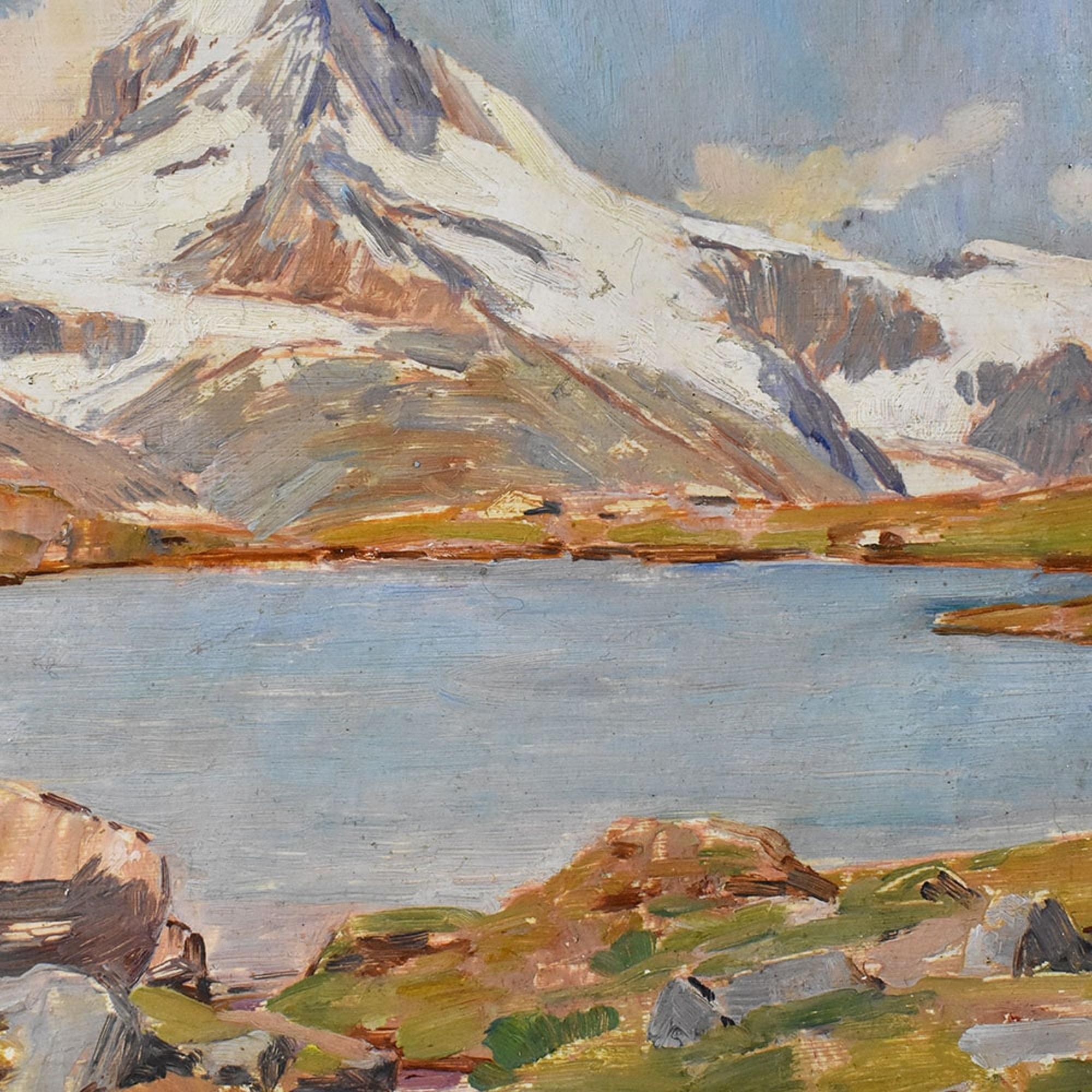 Mid-20th Century Old Master Paintings, Mountain Landscape with Snow, Matterhorn Mountain, Oil On Cardboard, XX For Sale