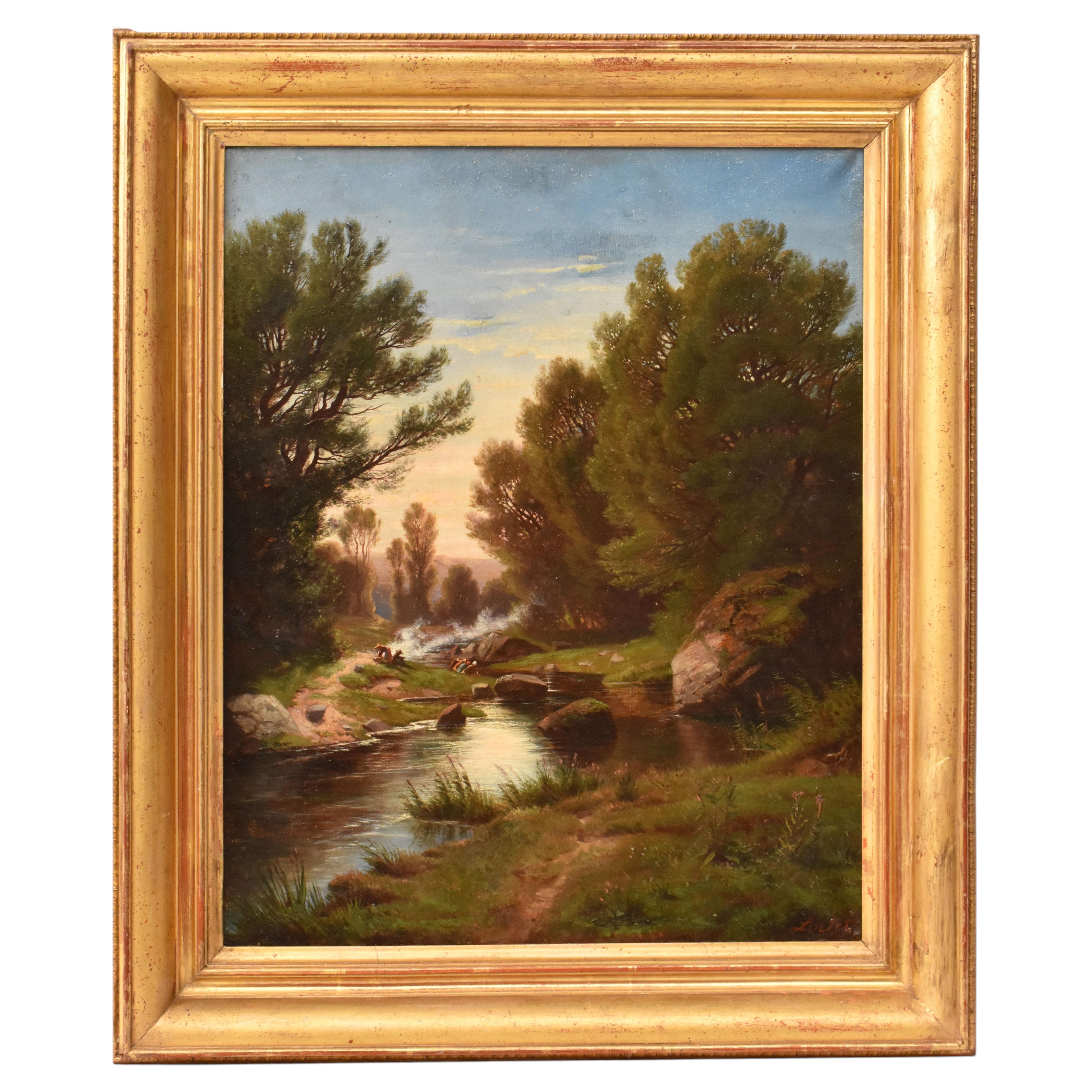 Old Master Paintings, Landscape Paintings With Washerwomen And River, Oil On Canvas, 19th Century For Sale