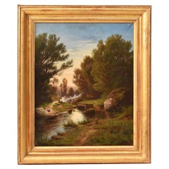 Gemälde Alter Meister, Landschaftsgemälde mit Wäscherinnen und Fluss, Öl auf Leinwand, 19