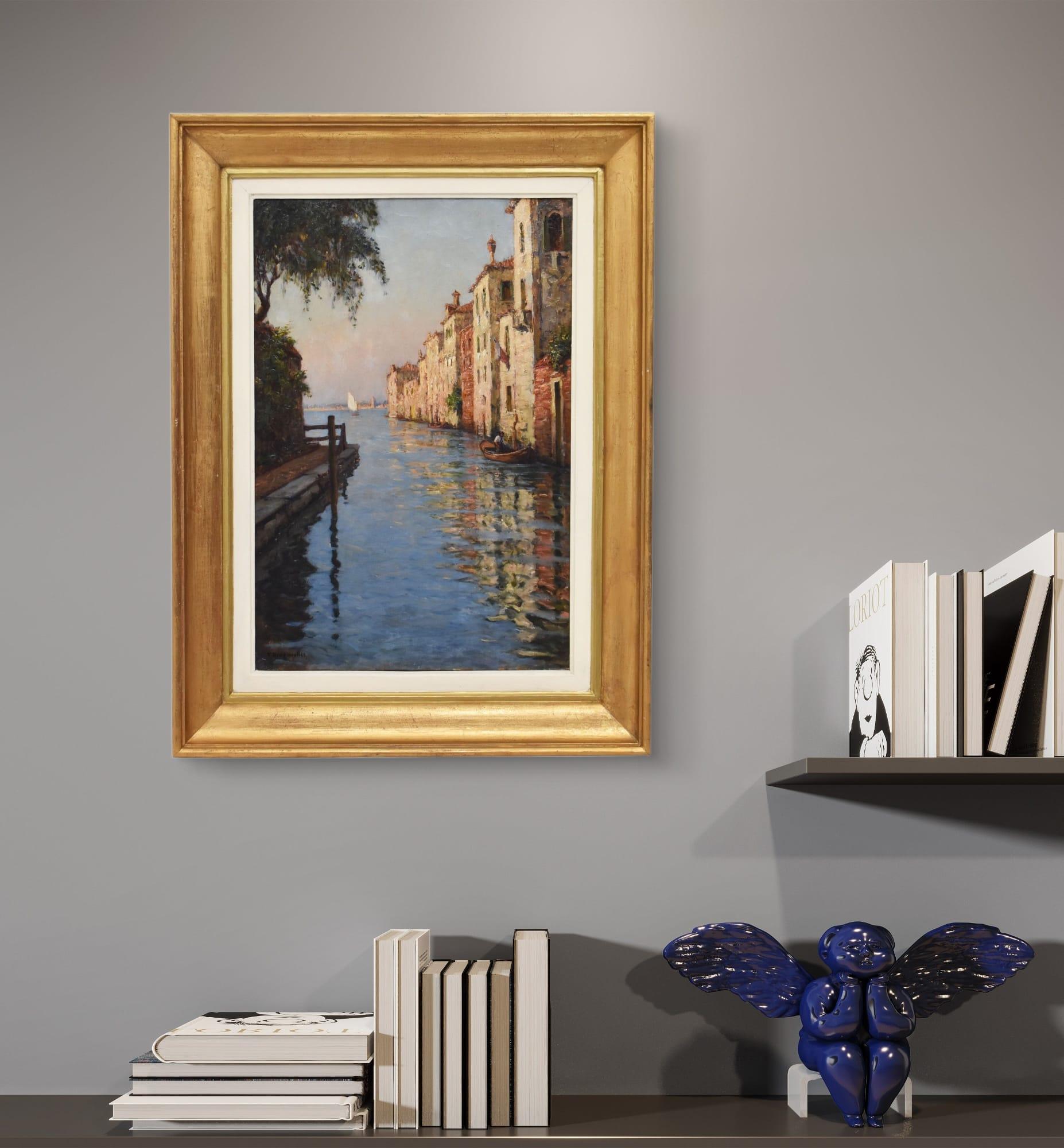 Die Kategorie Antike Gemälde, Landschaften bietet ein Scorcio di Venezia a Venetian Canal. Art Deco.

Das alte Gemälde zeigt einen Küstenabschnitt mit einem belaubten Baum, der die Szene einrahmt.

Auf der gegenüberliegenden Seite befinden sich die