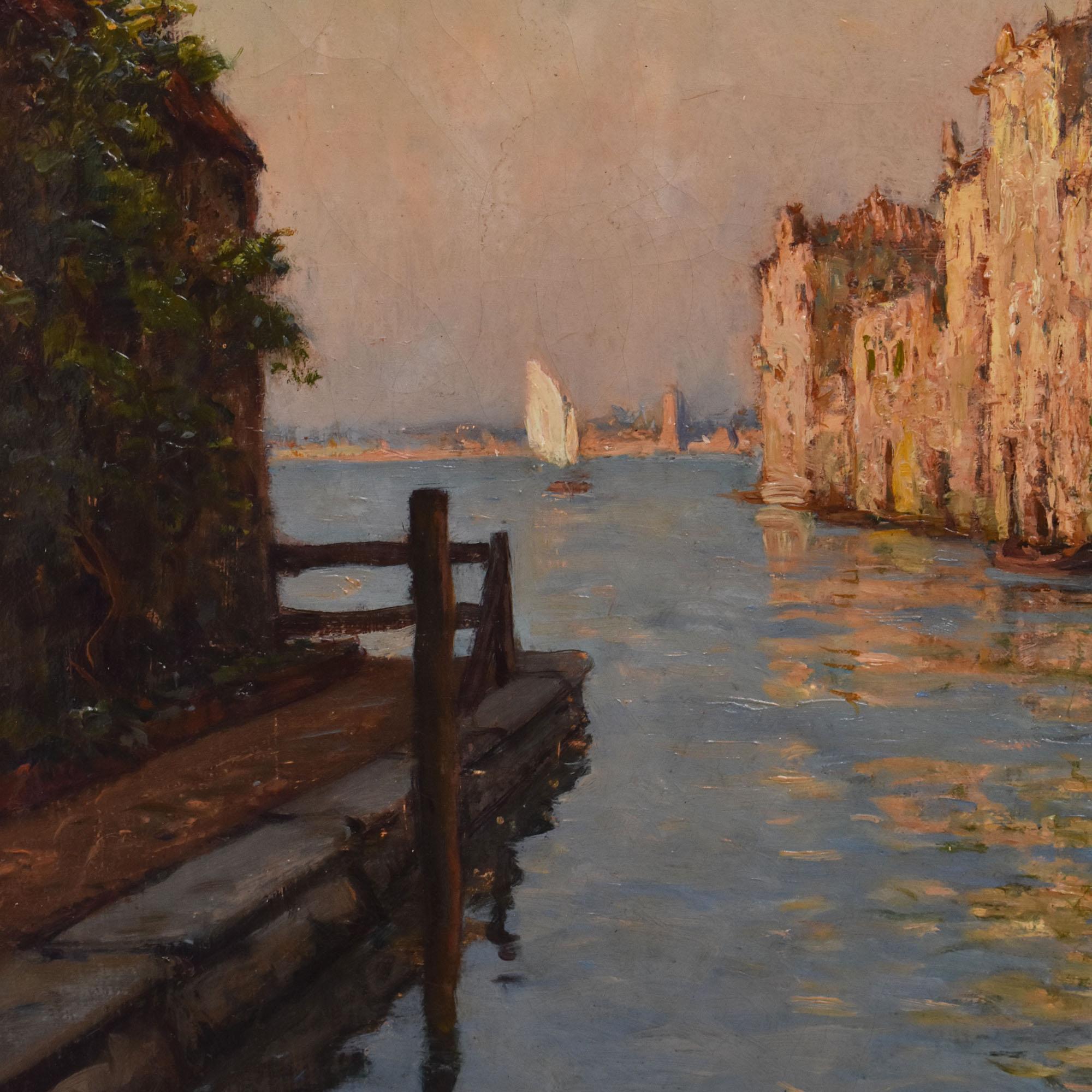Gemälde Alter Meister, Landschaftsgemälde mit Blick auf Venedig, Öl auf Leinwand, 20 (Geölt) im Angebot