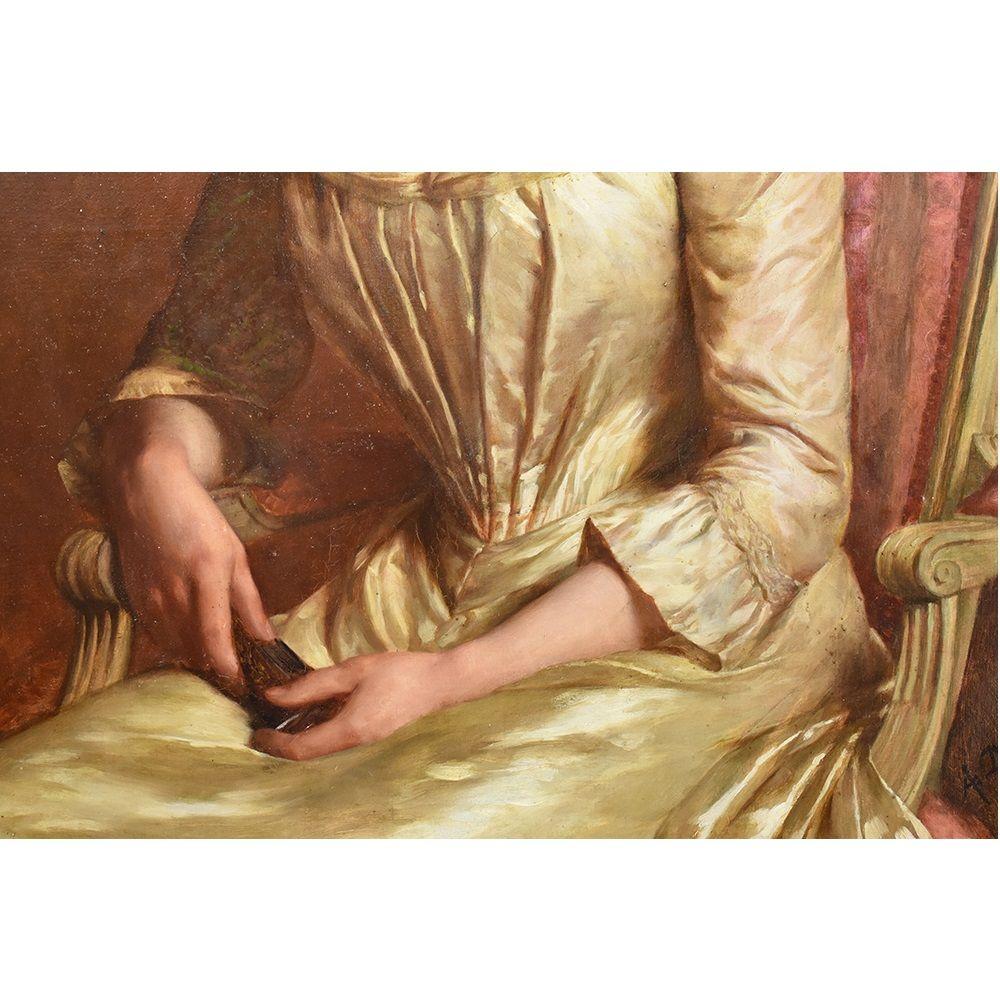 Die Kategorie Gemälde Alter Meister, Porträts eleganter Damen enthält ein großes Ölgemälde auf Leinwand aus dem 19. Jahrhundert. 

Es handelt sich um das Porträt einer sitzenden, elegant gekleideten Frau in einem Seidenkleid,

das Gemälde ist