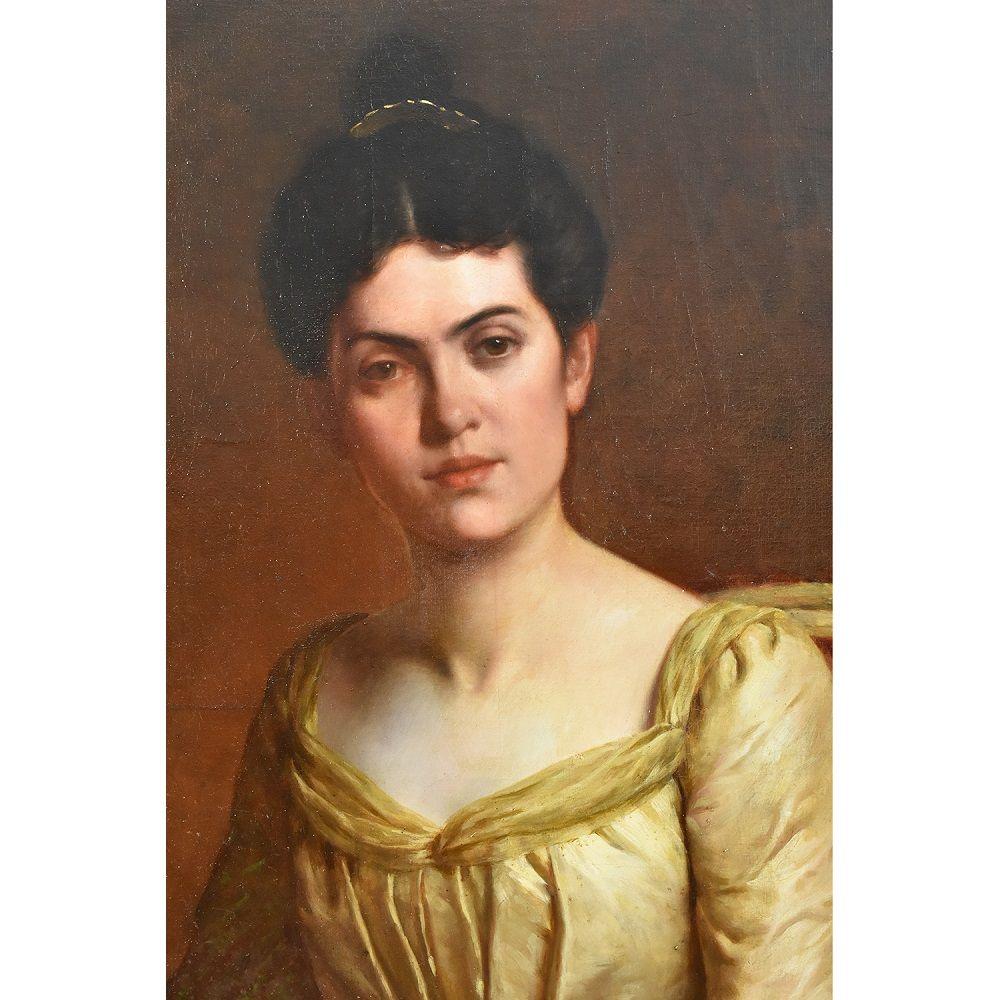 Gemälde Alter Meister, Porträts eleganter Damen, Öl auf Leinwand, Porträt einer Frau, 19 (Geölt) im Angebot