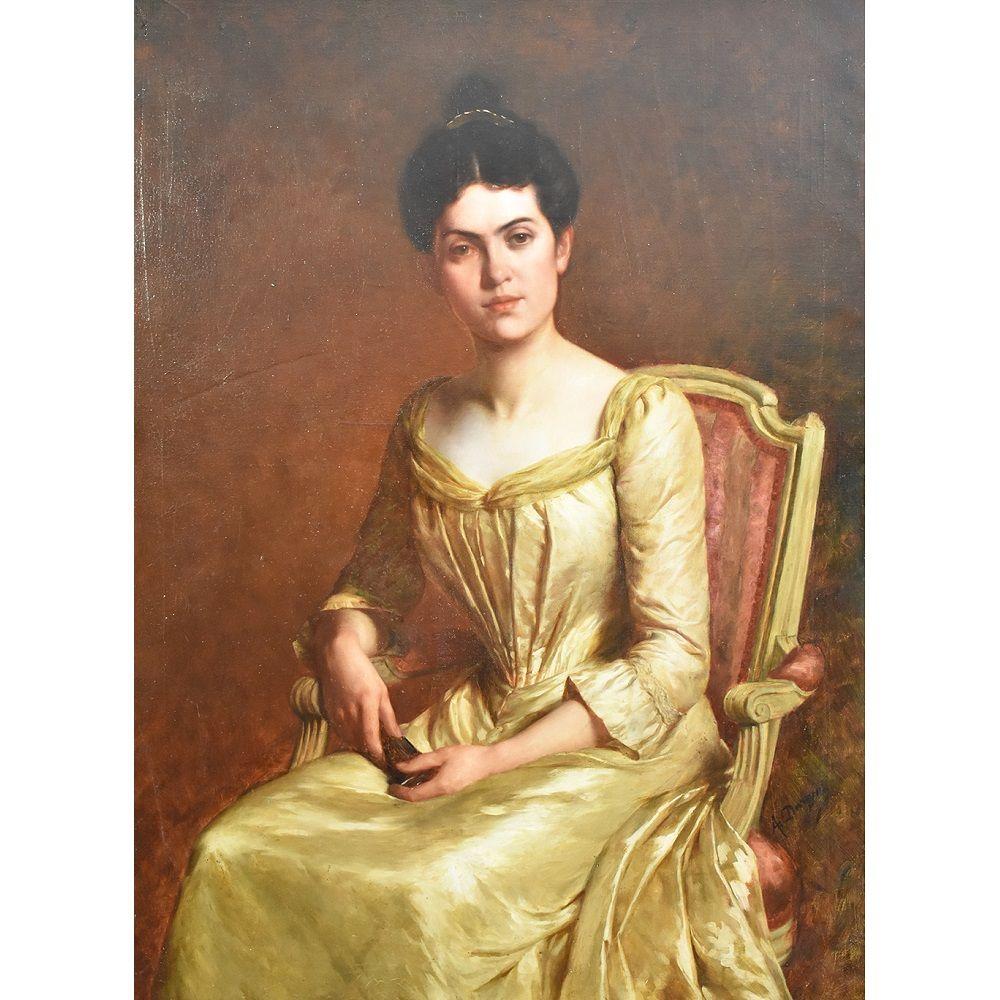 Gemälde Alter Meister, Porträts eleganter Damen, Öl auf Leinwand, Porträt einer Frau, 19 (19th Century) im Angebot