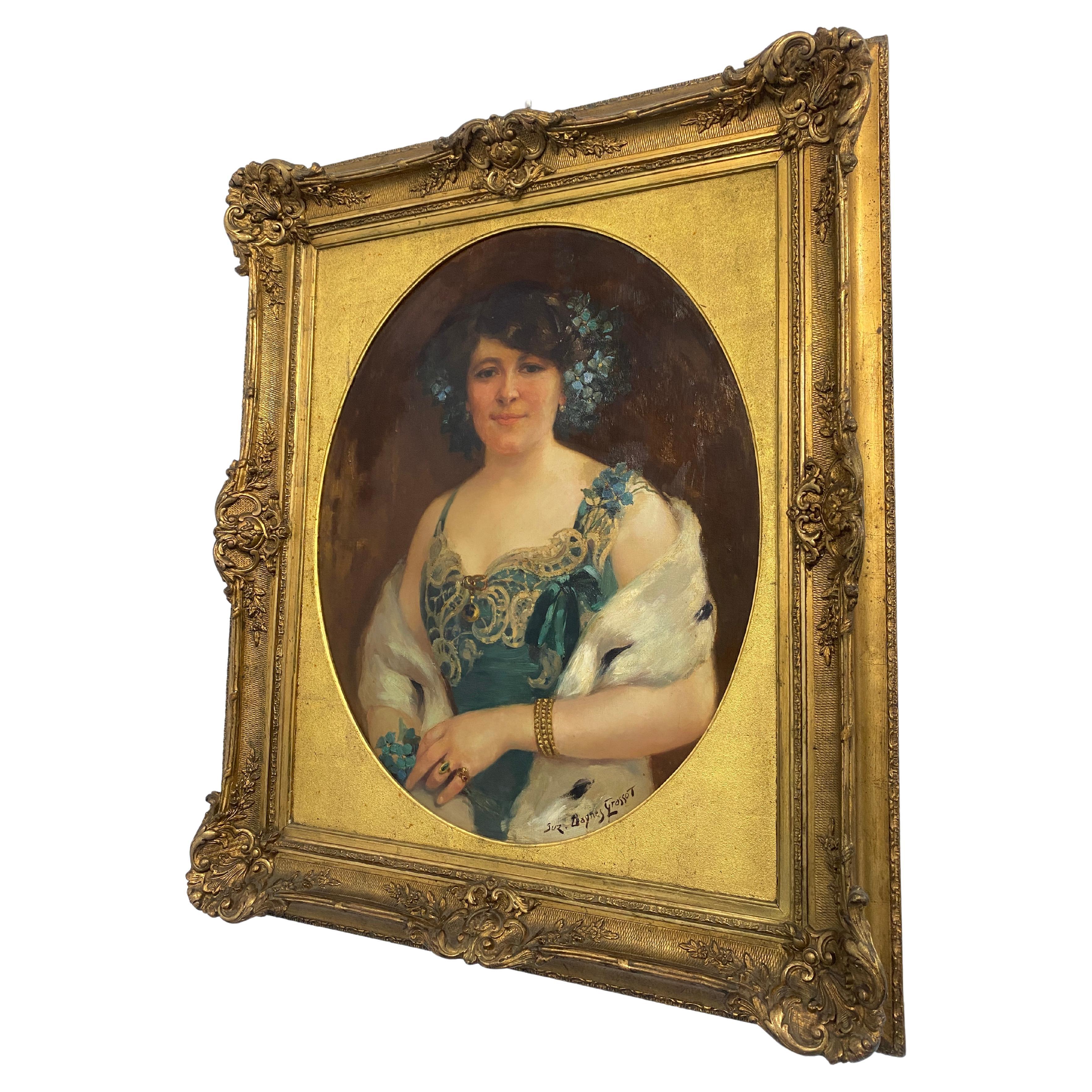  Dipinto a olio "Ritratto di donna" firmato Suzanne Daynes Grassot, Francia 1920 For Sale