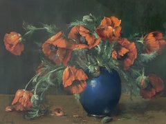 Pintura al pastel "jarrón con flores" firmada Jaak Van Den Seylbergh, Bélgica 1950