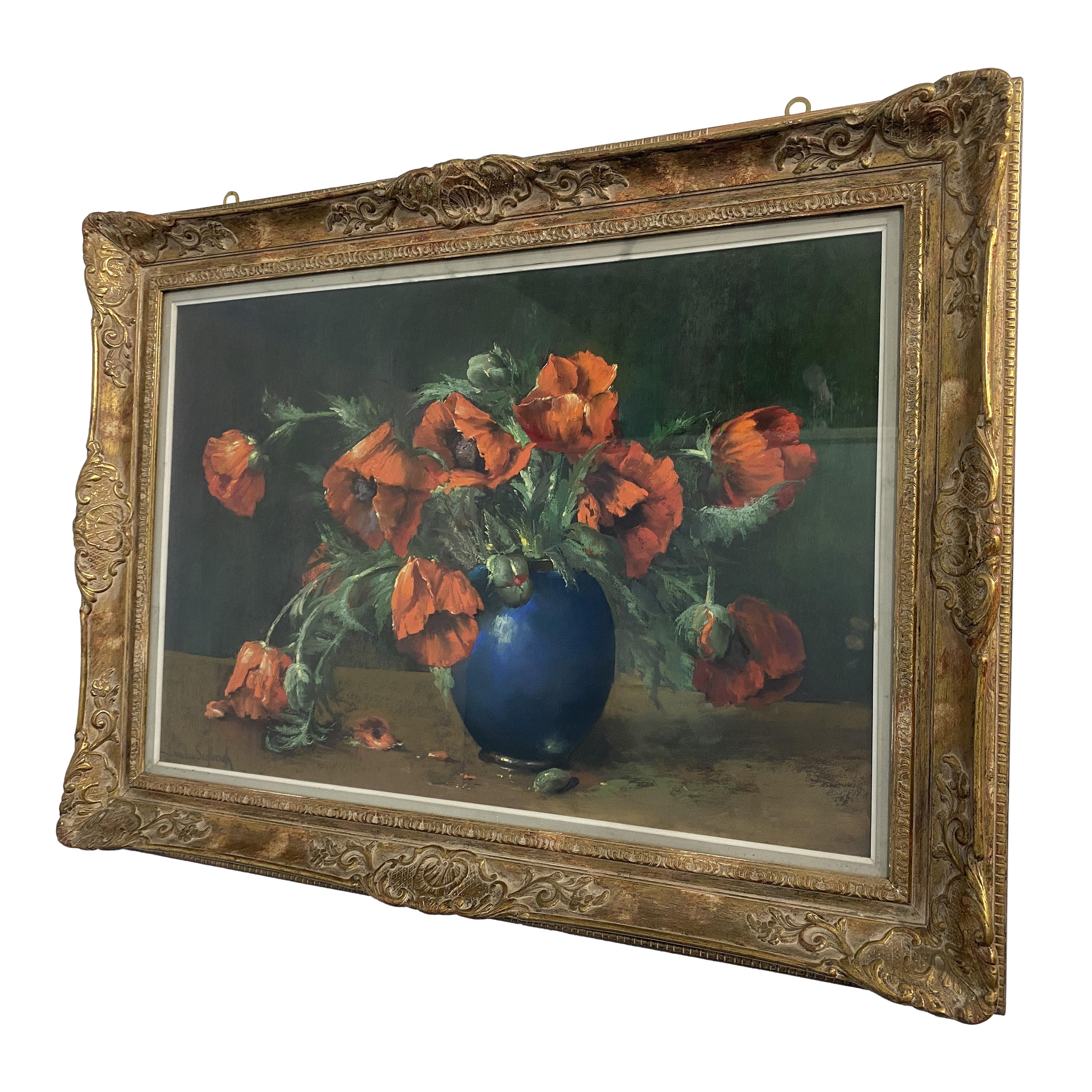 Peinture au pastel "vase avec fleurs" signée Jaak Van Den Seylbergh, Belgique 1950 en vente