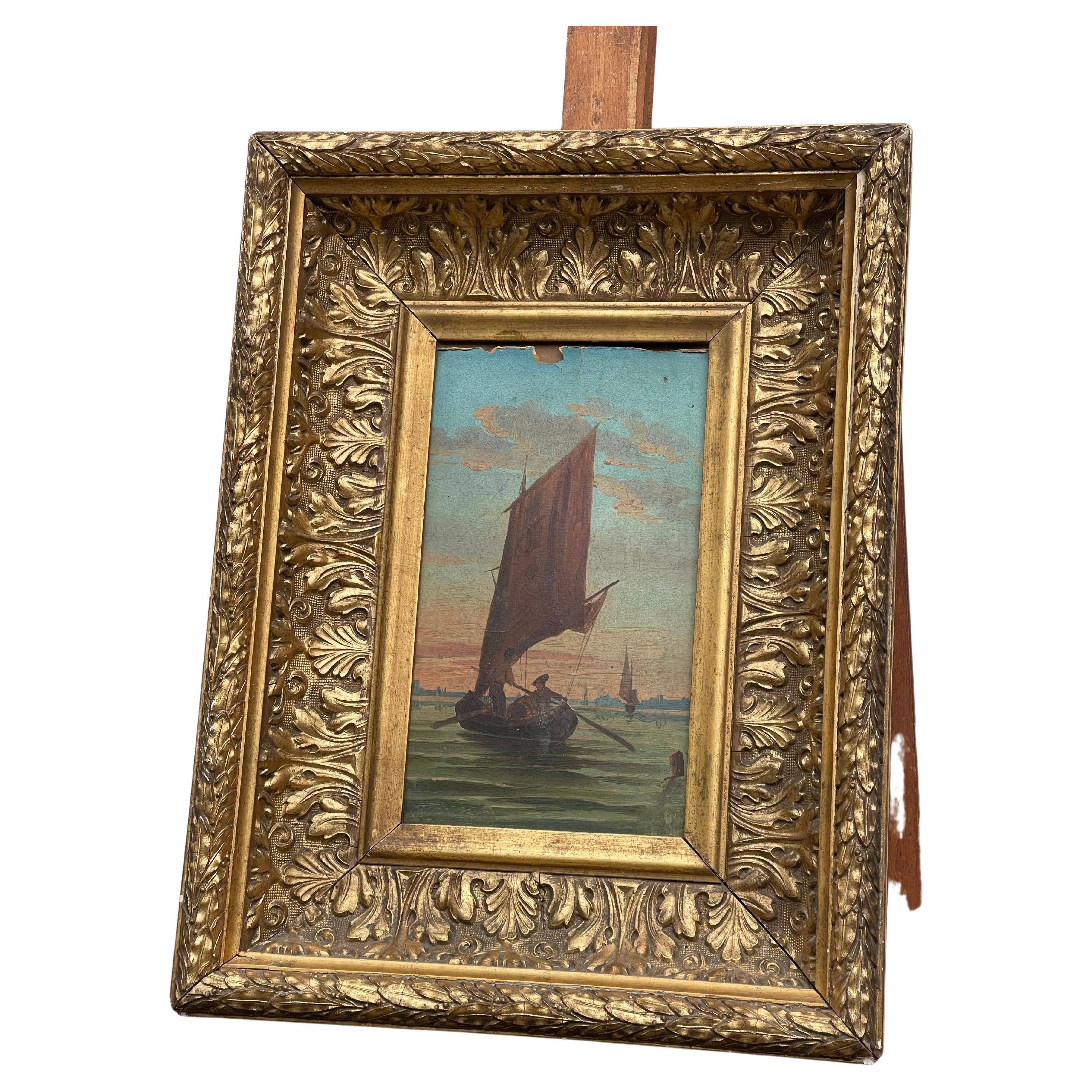 Dipinto Acquarello Su Carta Raffigurazione Di Barca a Vela Artista Francese, Co For Sale