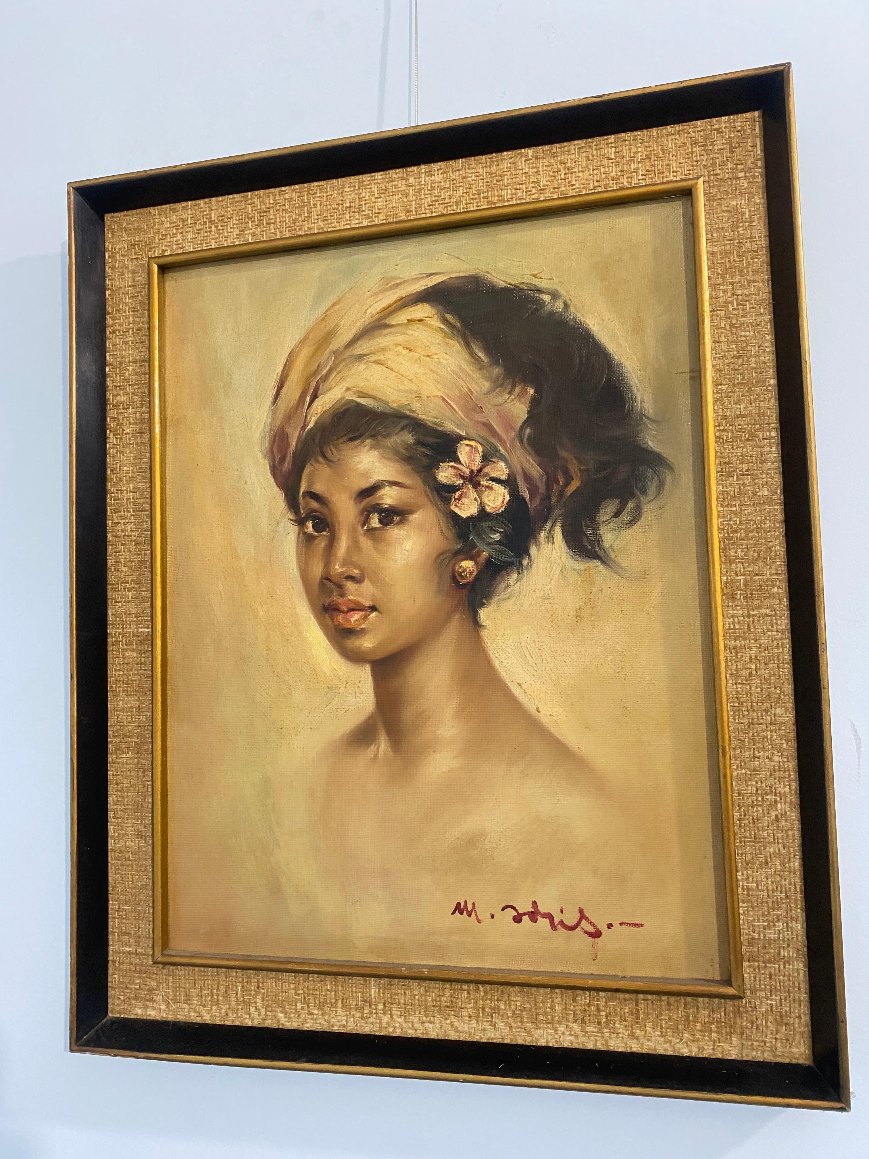 Pleasing French oil painting from the 1950s depicting a young Creole girl,signed at lower right.The author demonstrates good executional skill in depicting facial details, managing to create a beautiful exotic vision that is also captured in the