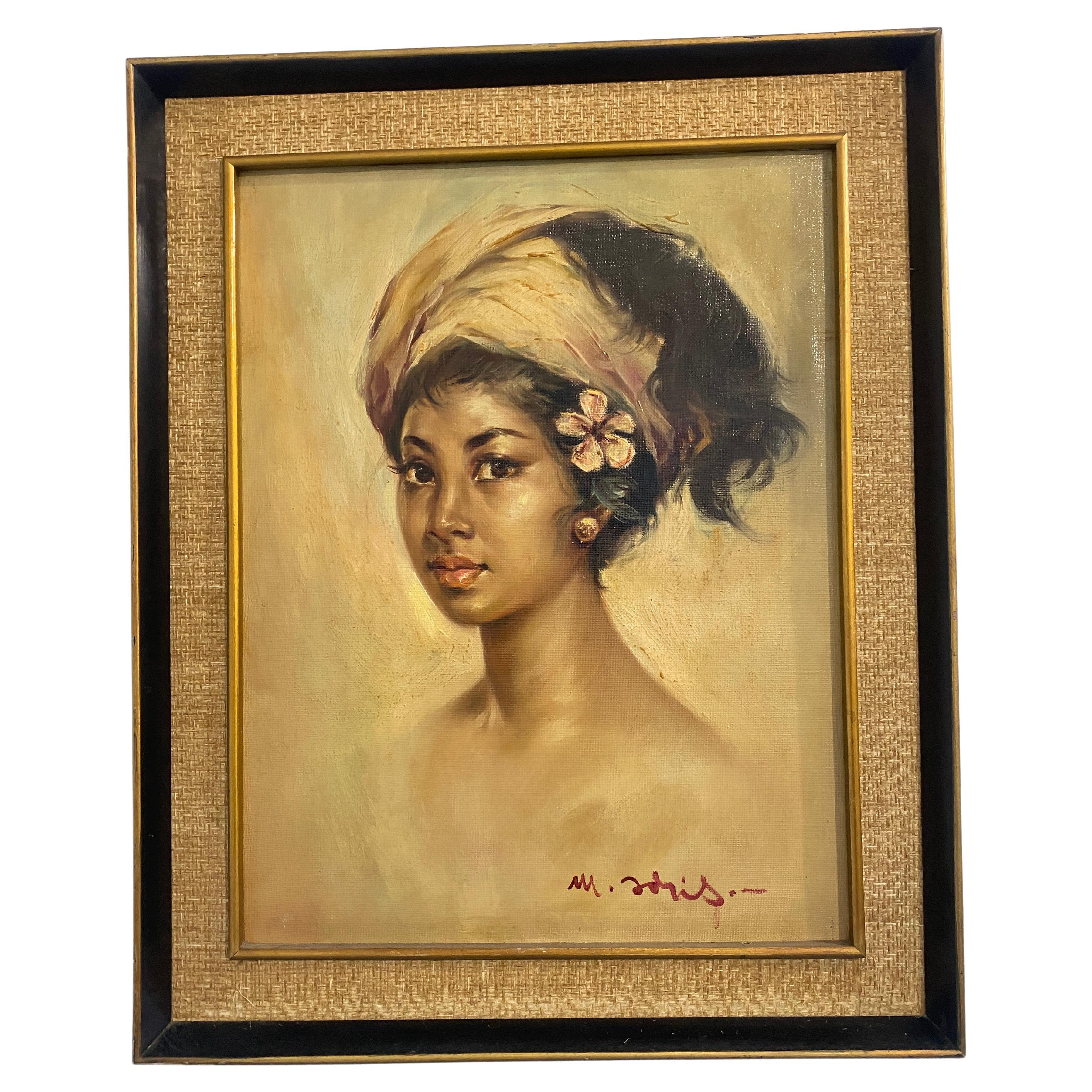 French oil painting 1950s " Portrait of a Creole Girl" signed 