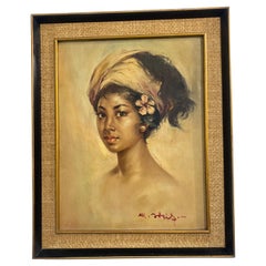 Dipinto ad olio francese anni 50 " Ritratto di ragazza creola" firmato