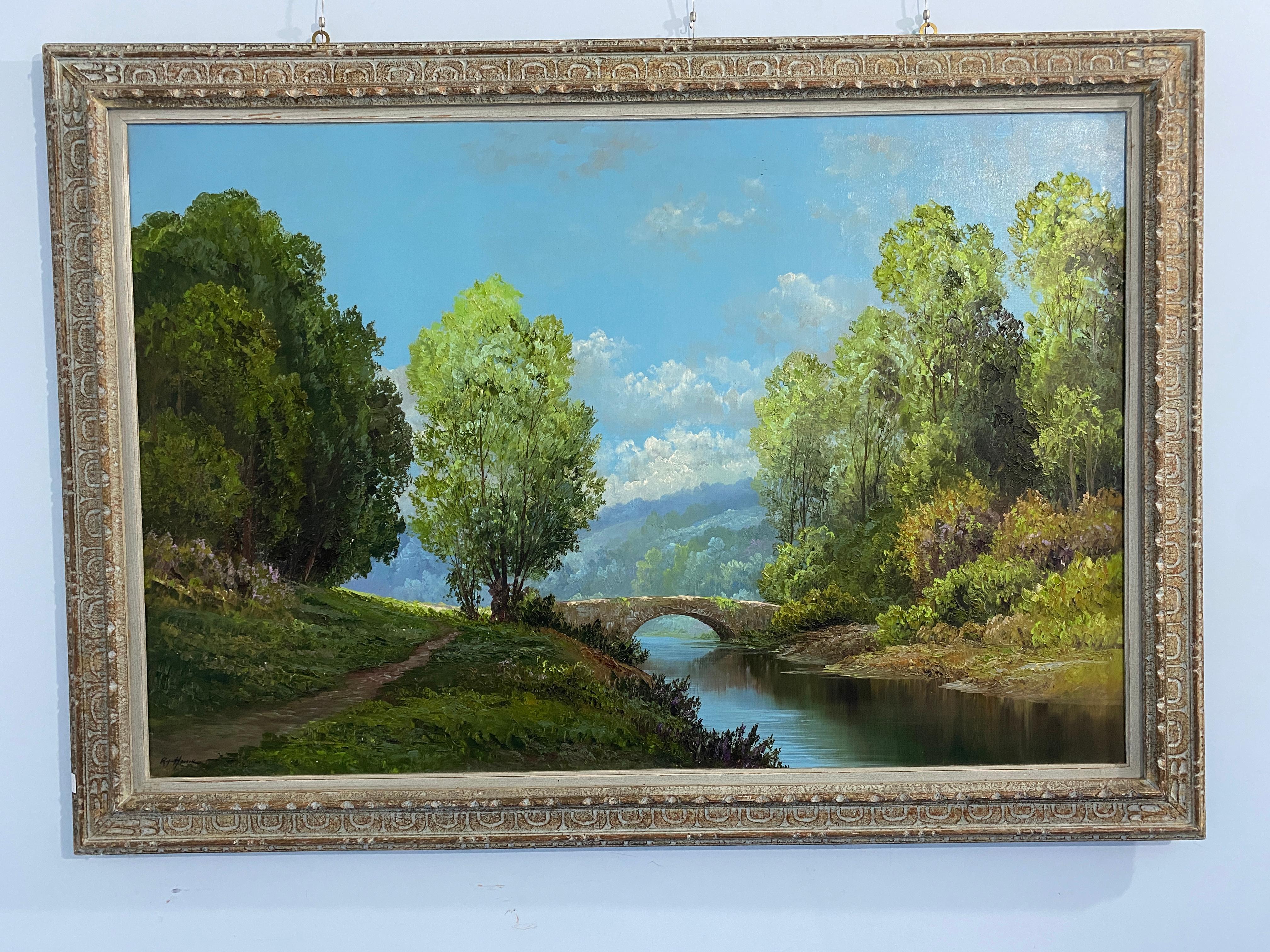 Stunning oil painting of remarkable size and truly decorative,the painting captures the serene atmosphere of an unspoiled countryside.A river gently crosses the landscape ,an ancient stone bridge stretches over the waters,majestic trees and green