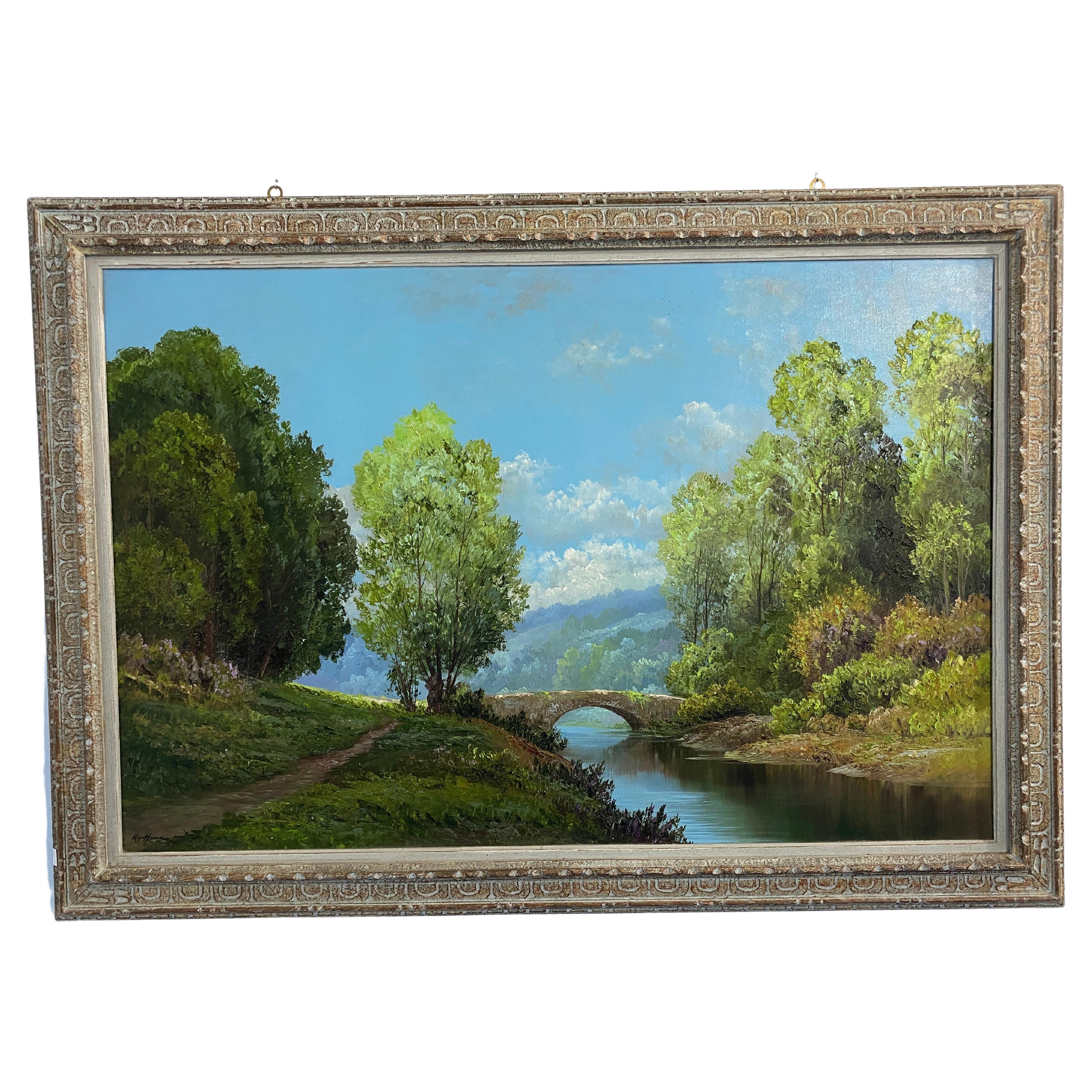 Oil painting "Landscape with bridge" signed, France 1960 For Sale
