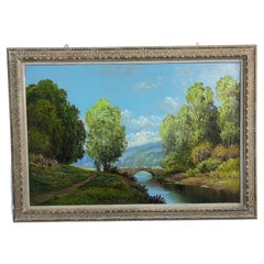 Oil painting "Landscape with bridge" signed, France 1960