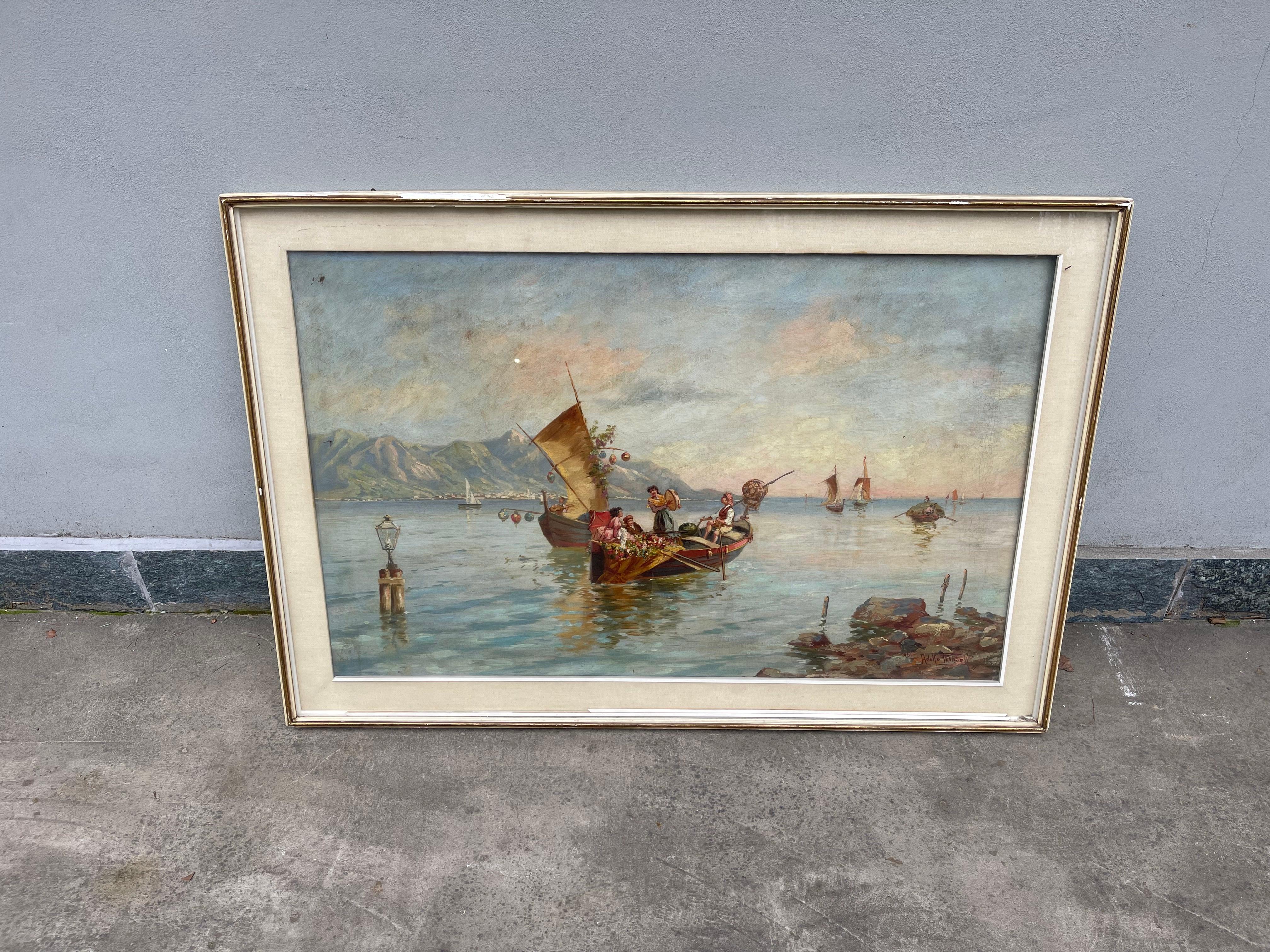 Canvas dipinto Adolfo Polaroli, raffigurazione napoletana di pescatori -olio su tela For Sale