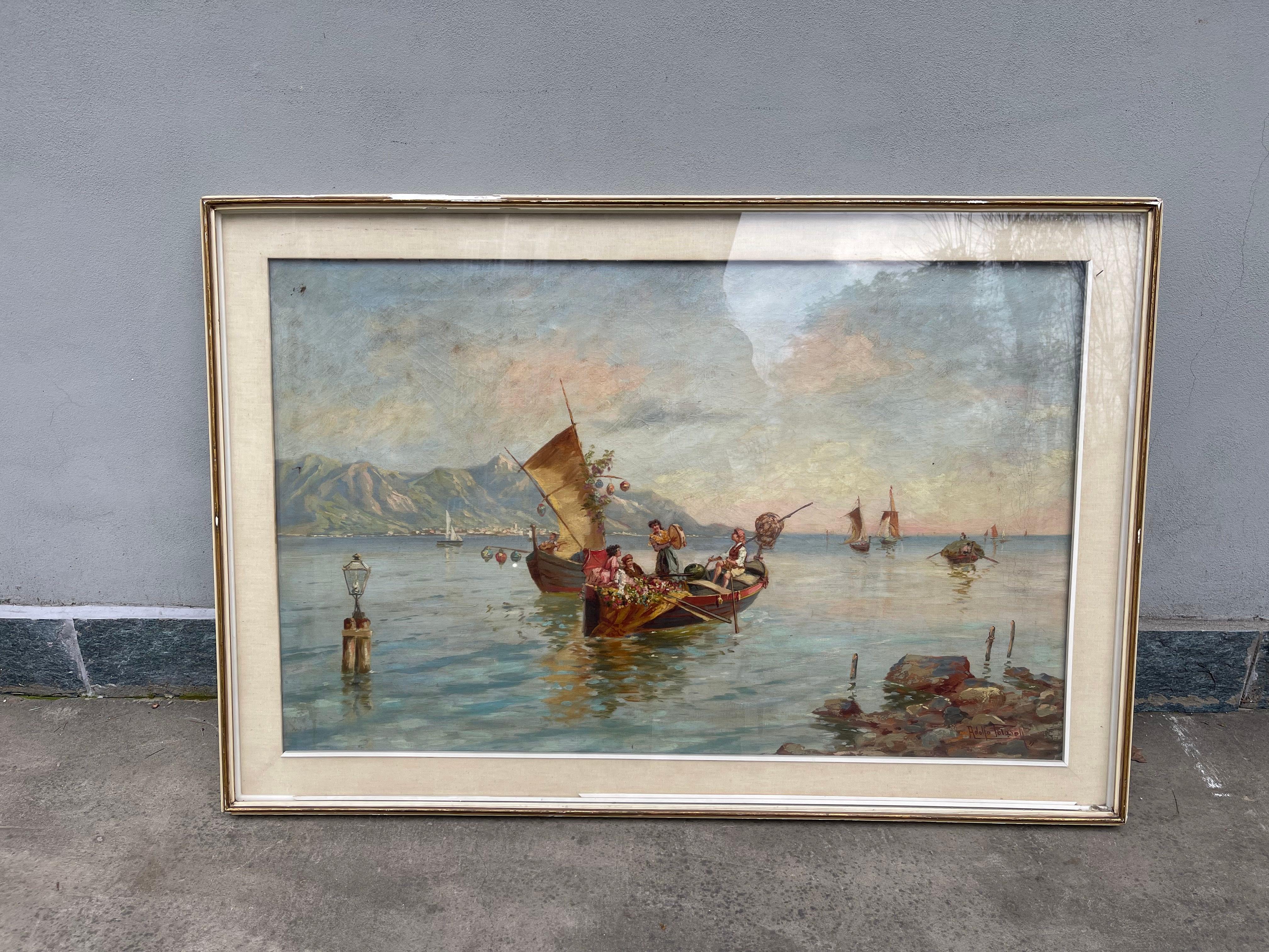dipinto Adolfo Polaroli, raffigurazione napoletana di pescatori -olio su tela For Sale 1