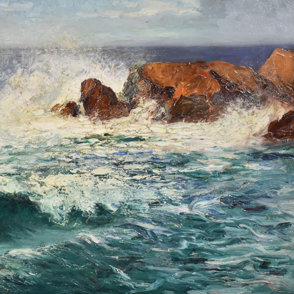 French Dipinto Antico, Art Deco, Marina, Onde Spumeggianti E Scogliera, Olio Su Tela. in vendita