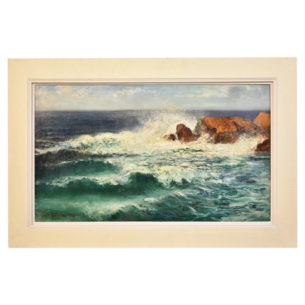 Antique Painting, Art Deco, Navy, Foaming Waves And Reef, Oil On Canvas.