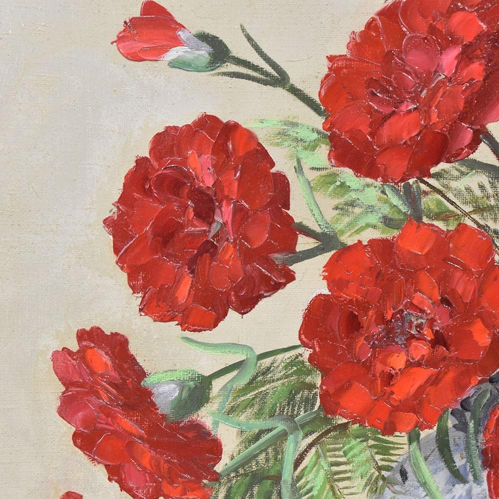 French Dipinto Antico, Art Deco, Mazzo Di Garofani Rossi, Olio Su Tela,  Natura Morta.