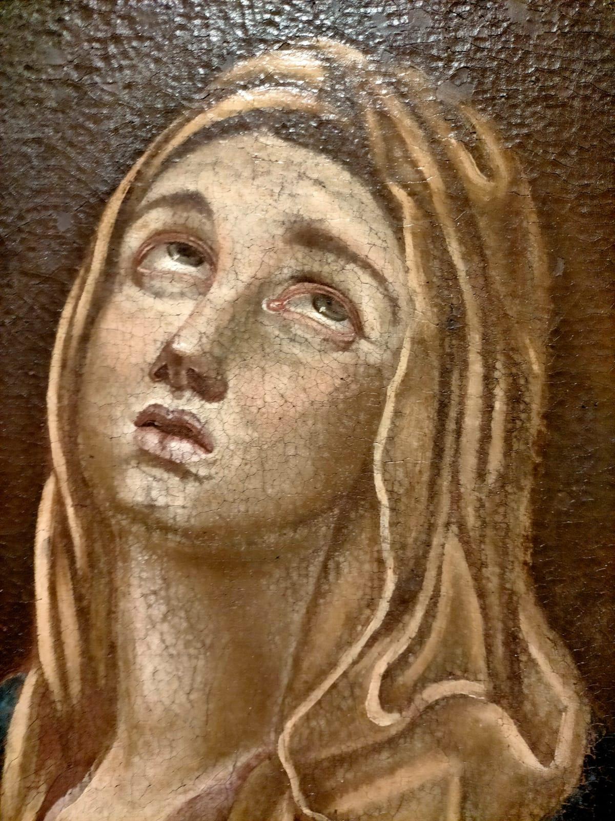 Dipinto antico Madonna Addolorata, secolo XVIII

Olio su tela cm 101 x 75
Pittore anonimo.
Il dipinto in linea generale si presuppone sia lombardo della prima metà del ‘700, tuttavia richiama insolitamente la pittura tedesca rinascimentale e nel