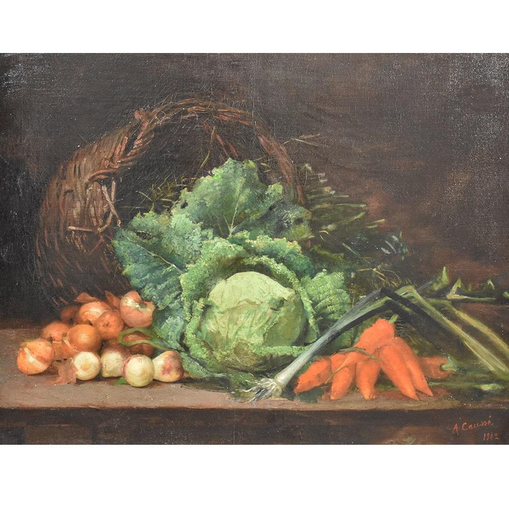 The category Antique Paintings, Still Life With Basket, Cabbage, Onions and Carrots features an Oil Painting on Canvas from the early twentieth century.

This is a still life depicting vegetables placed in a wicker basket.

The painting on canvas is