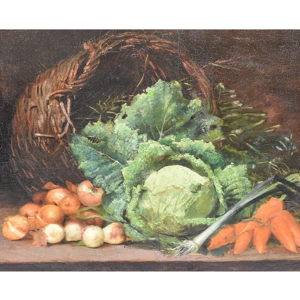 Napoleon III Antique Painting, Still Life With Vegetables, Oil Painting On Canvas, Early 20th. For Sale