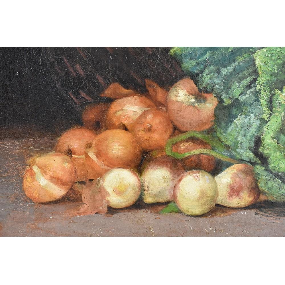 20th Century Antique Painting, Still Life With Vegetables, Oil Painting On Canvas, Early 20th. For Sale