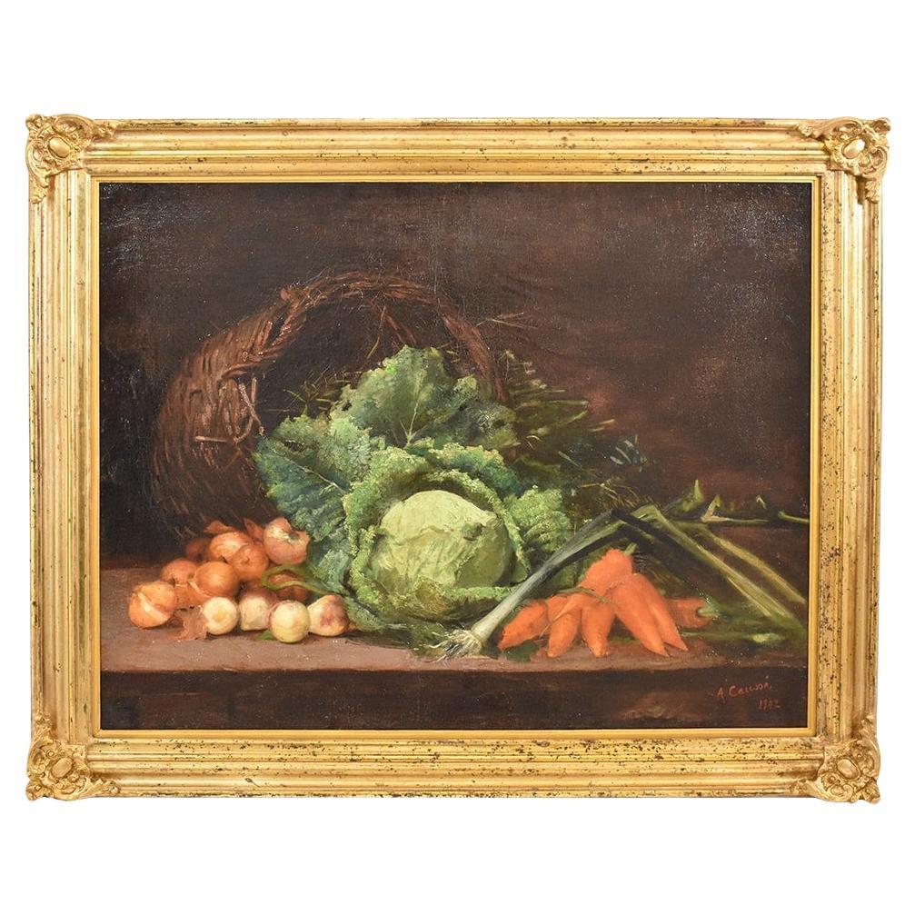 Pintura del Viejo Maestro, Naturaleza muerta con verduras, Pintura al óleo sobre lienzo, Principios del siglo XX.